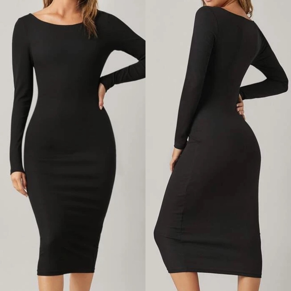 Long sleeve boat neck fitted midi dress army green - Picture 4 of 4